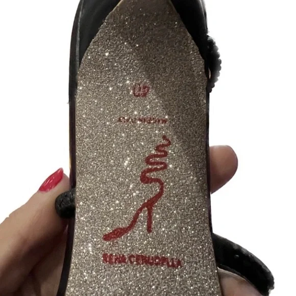 🤩✨RENE CAOVILLA Cleo Snake embellished sandal black leather rhinestone heels 9 - Picture 11 of 13